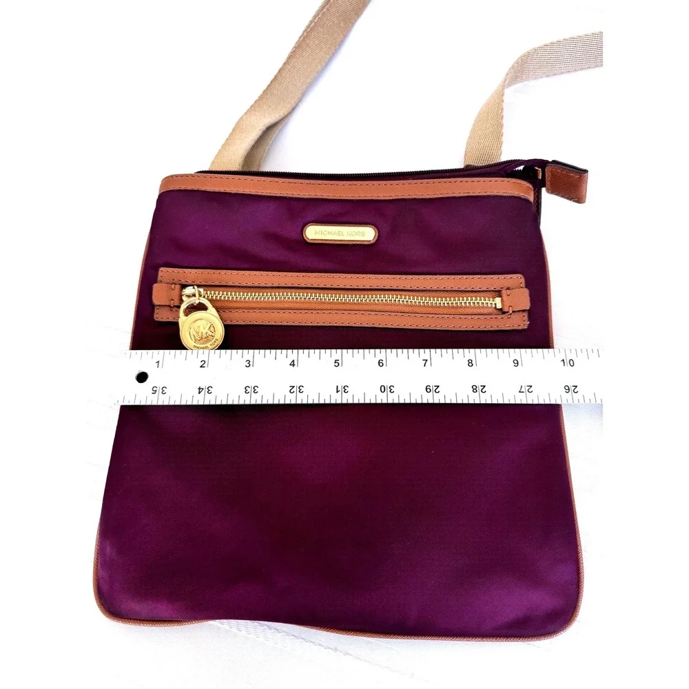 Michael Kors Burgundy Nylon Crossbody Bag Tan Leather Trim Gold Hardware AI-1205
